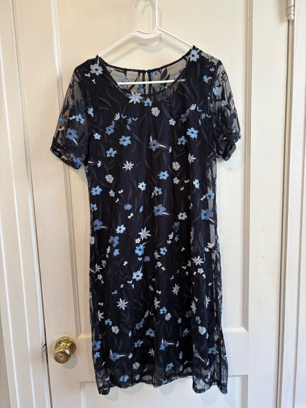 Christopher & Banks Navy Dress with Light Blue Floral Mesh Overlay